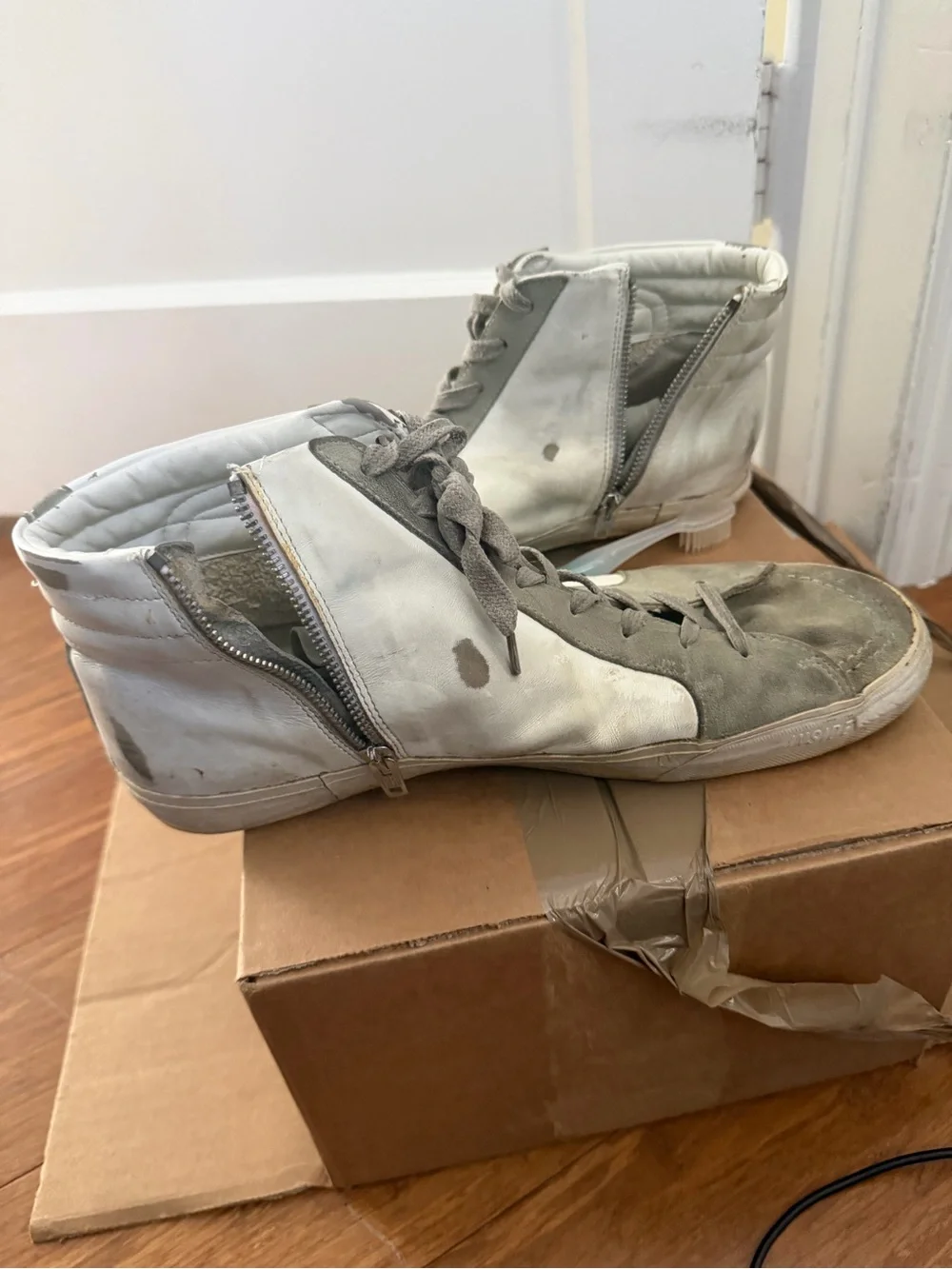 Golden Goose White and Gray Slide Mid-Top Sneakers